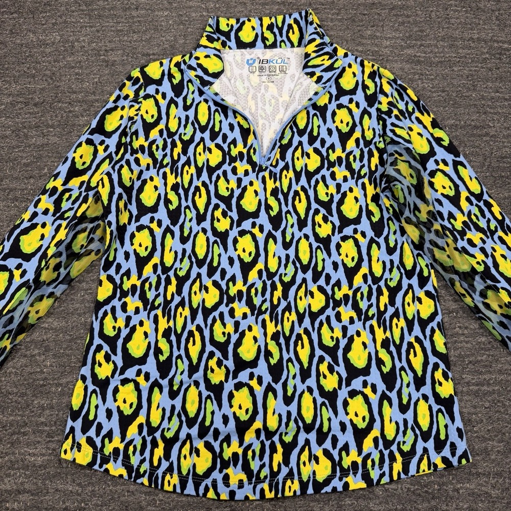 IBKUL Gemma Periwinkle Leopard Print Top Women Small 1/4 Zip Golf Sun Protection